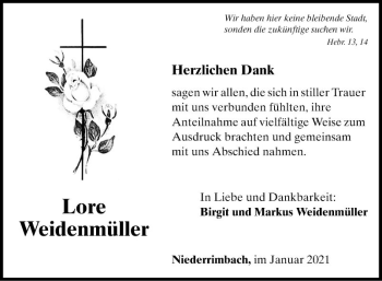 Traueranzeige von Lore Weisenmüller von Fränkische Nachrichten