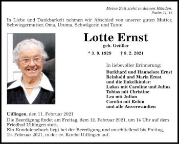 Traueranzeige von Lotte Ernst von Fränkische Nachrichten
