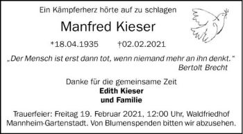 Traueranzeige von Manfred Kieser von Mannheimer Morgen