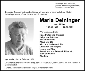 Traueranzeige von Maria Deininger von Fränkische Nachrichten