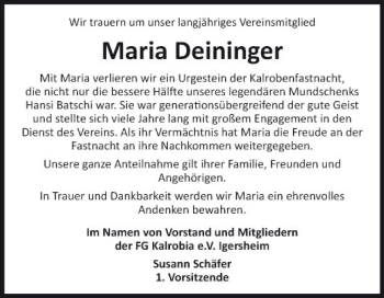 Traueranzeige von Maria Deininger von Fränkische Nachrichten