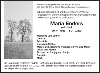 Traueranzeige von Maria Enders von Fränkische Nachrichten