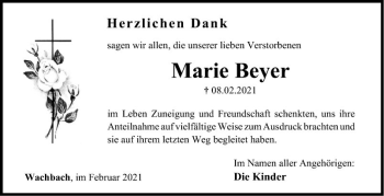 Traueranzeige von Marie Beyer von Fränkische Nachrichten