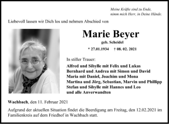 Traueranzeige von Marie Beyer von Fränkische Nachrichten