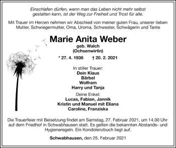 Traueranzeige von Marie Anita Weber von Fränkische Nachrichten