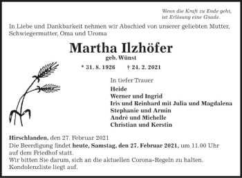 Traueranzeige von Martha Ilzhöfer von Fränkische Nachrichten