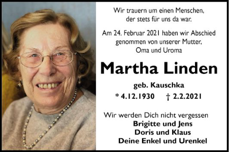  Traueranzeige für Martha Linden vom 27.02.2021 aus Mannheimer Morgen
