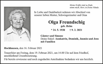 Traueranzeige von Olga Freundschig von Fränkische Nachrichten