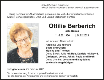 Traueranzeige von Ottilie Berberich von Fränkische Nachrichten