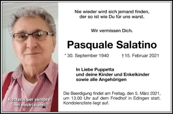 Traueranzeige von Pasquale Salatino von Mannheimer Morgen