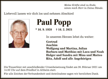 Traueranzeige von Paul Popp von Fränkische Nachrichten