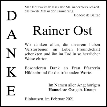 Traueranzeige von Rainer Ost von Bergsträßer Anzeiger