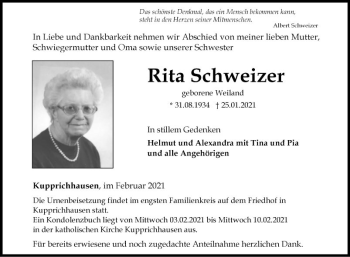 Traueranzeige von Rita Schweizer von Fränkische Nachrichten