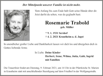 Traueranzeige von Rosemarie Trabold von Fränkische Nachrichten