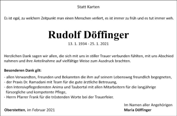 Traueranzeige von Rudolf Döffinger von Fränkische Nachrichten