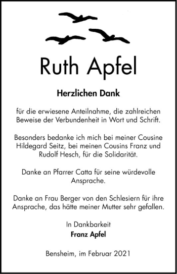 Traueranzeige von Ruth Apfel von Bergsträßer Anzeiger