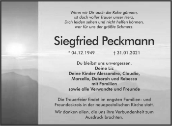Traueranzeige von Siegfried Peckmann von Südhessen Morgen
