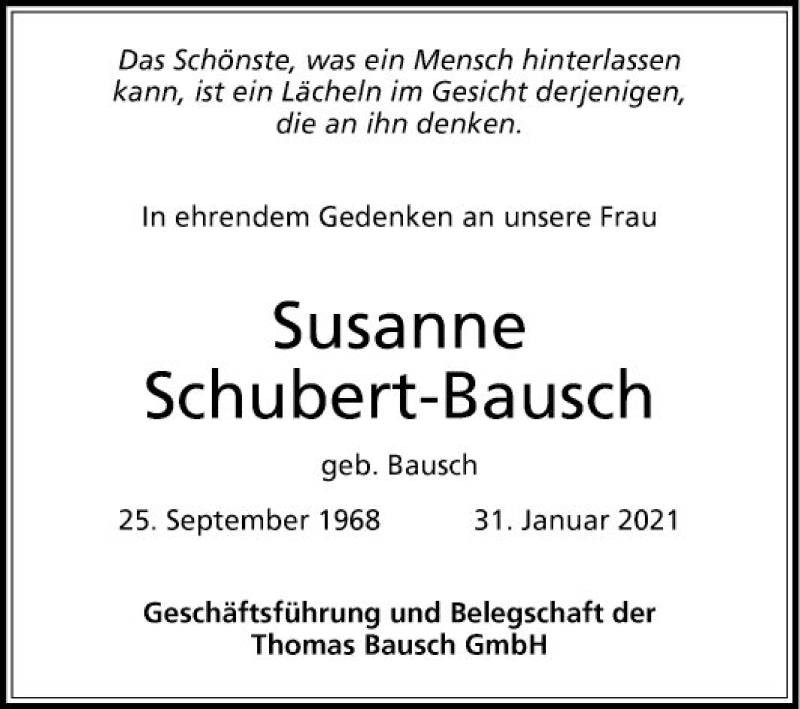  Traueranzeige für Susanne Schubert-Bausch vom 04.02.2021 aus Mannheimer Morgen