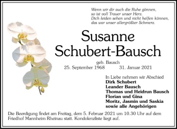 Traueranzeige von Susanne Schubert-Bausch von Mannheimer Morgen