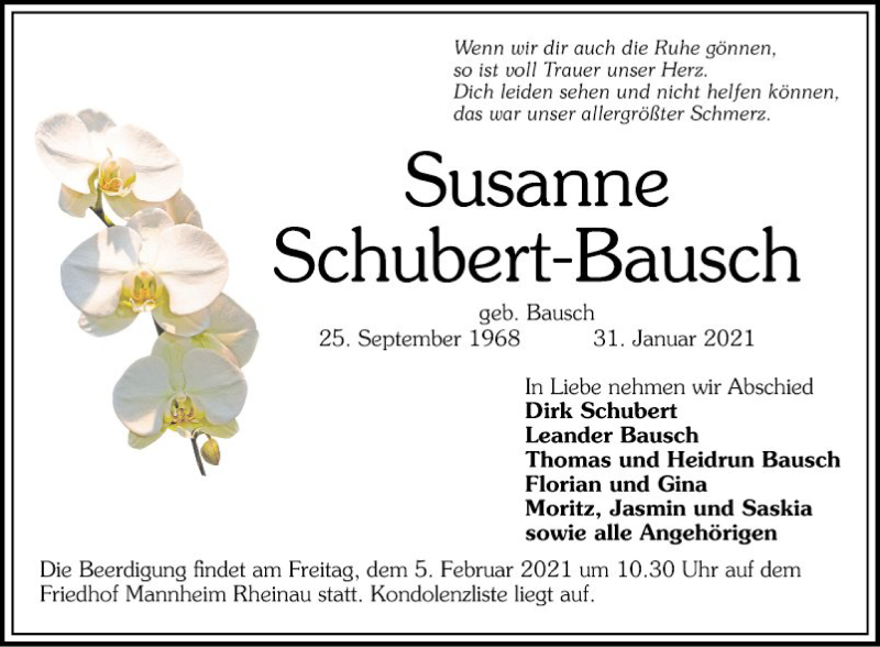  Traueranzeige für Susanne Schubert-Bausch vom 04.02.2021 aus Mannheimer Morgen