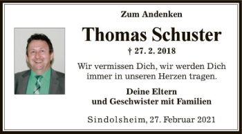 Traueranzeige von Thomas Schuster von Fränkische Nachrichten