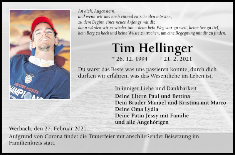  Traueranzeige für Tim Hellinger vom 27.02.2021 aus Fränkische Nachrichten