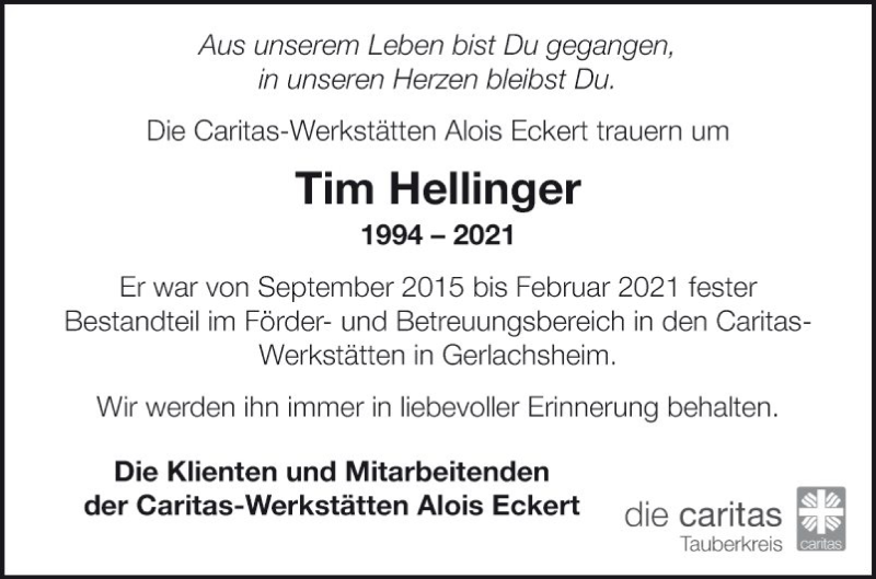  Traueranzeige für Tim Hellinger vom 27.02.2021 aus Fränkische Nachrichten