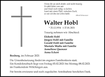 Traueranzeige von Walter Hobl von Fränkische Nachrichten