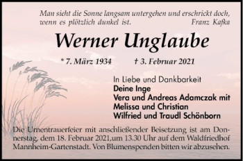 Traueranzeige von Werner Unglaube von Mannheimer Morgen