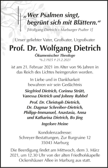 Traueranzeige von Wolfgang Dietrich von Fränkische Nachrichten