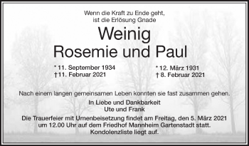 Traueranzeige von Rosemie und Paul Weinig von Mannheimer Morgen