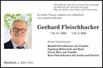 Traueranzeige von Gerhard Fleischhacker von Fränkische Nachrichten