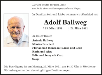 Traueranzeige von Adolf Ballweg von Fränkische Nachrichten