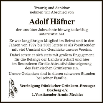 Traueranzeige von Adolf Häfner von Fränkische Nachrichten