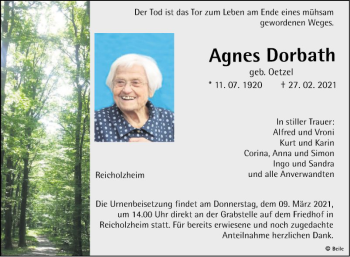 Traueranzeige von Agnes Dorbath von Fränkische Nachrichten