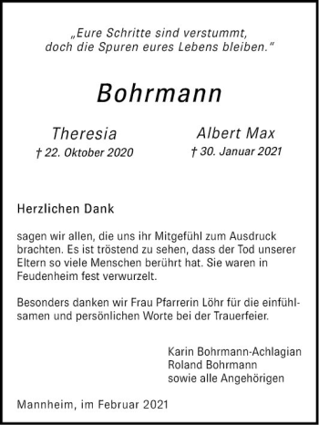 Traueranzeige von Albert Max Bohrmann von Mannheimer Morgen