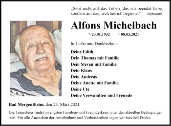 Traueranzeige von Alfons Michelbach von Fränkische Nachrichten