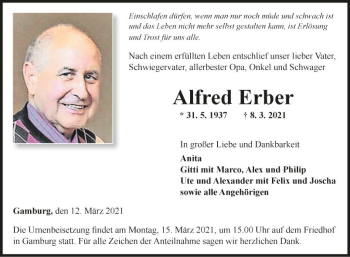 Traueranzeige von Alfred Erber von Fränkische Nachrichten