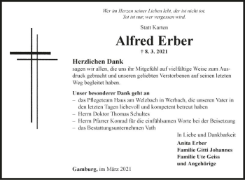 Traueranzeige von Alfred Erber von Fränkische Nachrichten