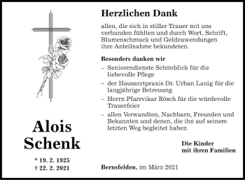 Traueranzeige von Alois Schenk von Fränkische Nachrichten