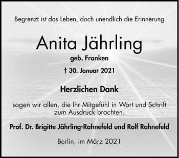 Traueranzeige von Anita Jährling von Bergsträßer Anzeiger