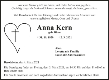 Traueranzeige von Anna Kern von Fränkische Nachrichten