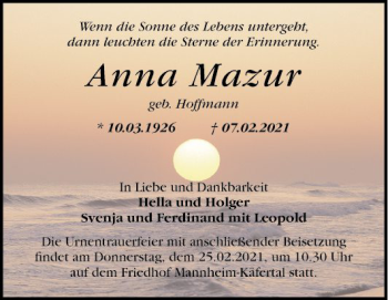 Traueranzeige von Anna Mazur von Mannheimer Morgen