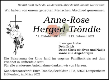 Traueranzeige von Anne-Rose Hergert-Tröndle von Südhessen Morgen