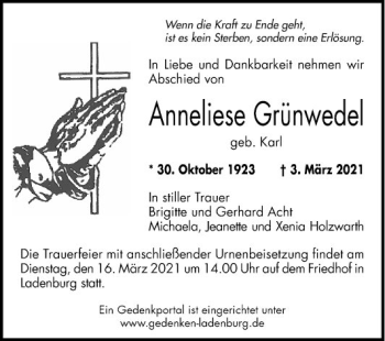 Traueranzeige von Anneliese Grünwedel von Mannheimer Morgen