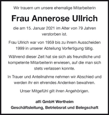 Traueranzeige von Annerose Ullrich von Fränkische Nachrichten