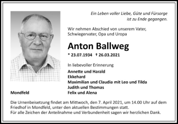 Traueranzeige von Anton Ballweg von Fränkische Nachrichten