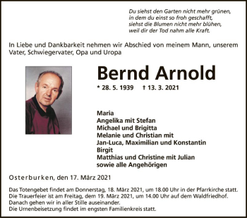 Traueranzeige von Bernd Arnold von Fränkische Nachrichten