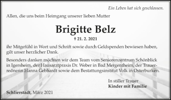 Traueranzeige von Brigitte Belz von Fränkische Nachrichten