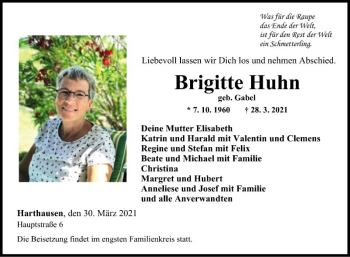 Traueranzeige von Brigitte Huhn von Fränkische Nachrichten